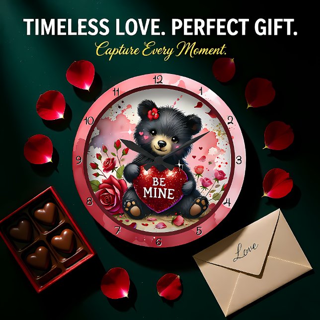 Baby Bear Valentine Red Heart Large Clock (Creator Uploaded)