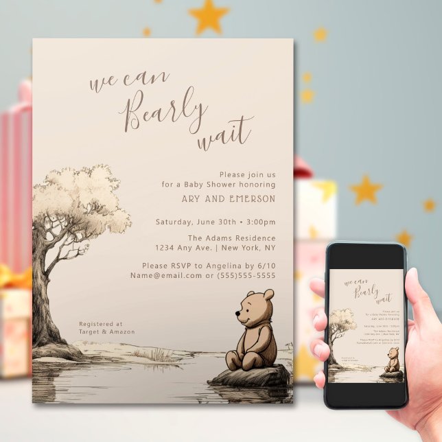 Baby Bear | We Can Bearly Wait Baby Shower Invitation (Creator Uploaded)