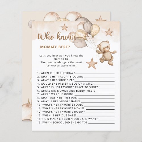 Baby bear Who knows mommy best baby shower game