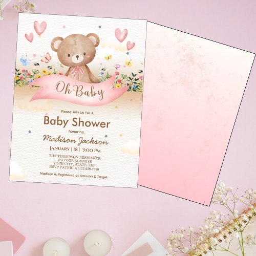 Baby Bear Wildflowers Girls Baby Shower Invitation