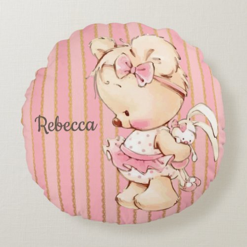 Baby Bear with Bunny Round Pillow