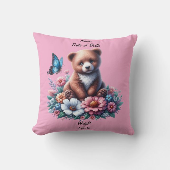 Baby Bear with Flowers Throw Pillow (Front)