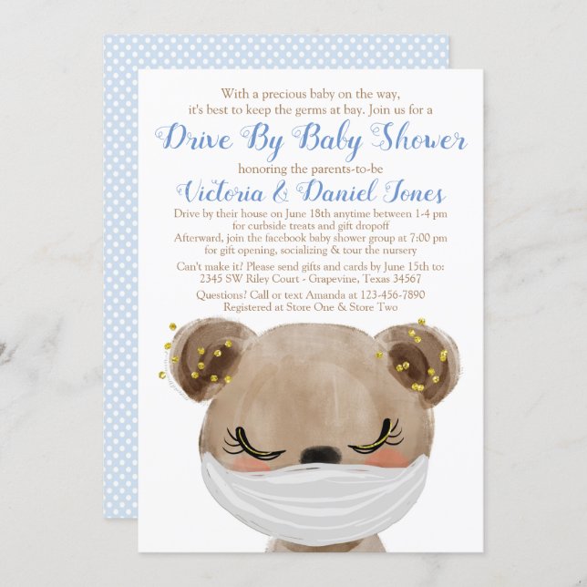 Baby Bear with Mask Drive By Baby Shower Invitation (Front/Back)