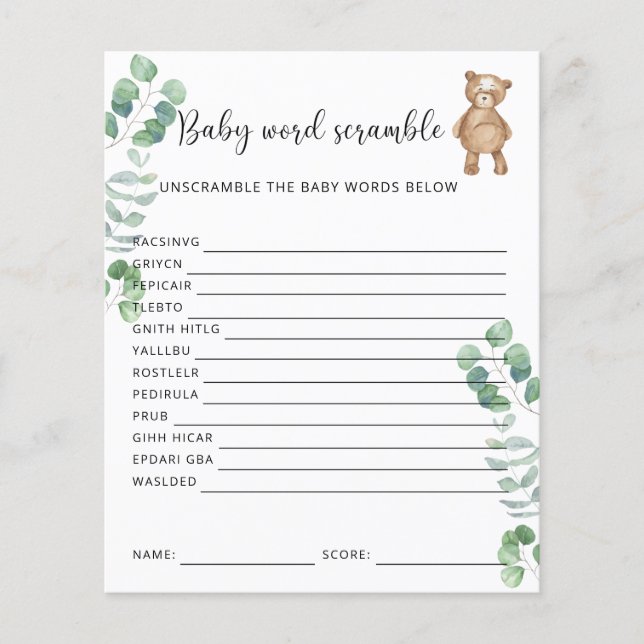 Baby Bear Word Scramble | Baby Shower Game (Front)