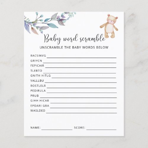 Baby Bear Word Scramble  Baby Shower Game