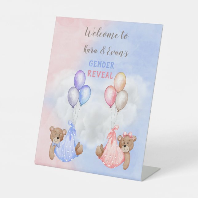 Baby Bears Gender Reveal Table Sign Pink Blue (Front)