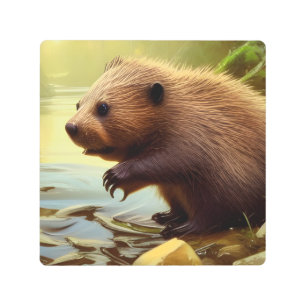 Baby Beaver Wildlife Portrait Metal Print