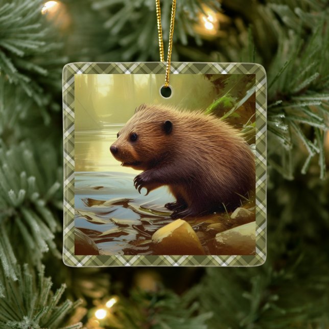 Baby Beaver Wildlife Portrait Personalized  Ceramic Ornament (Tree)