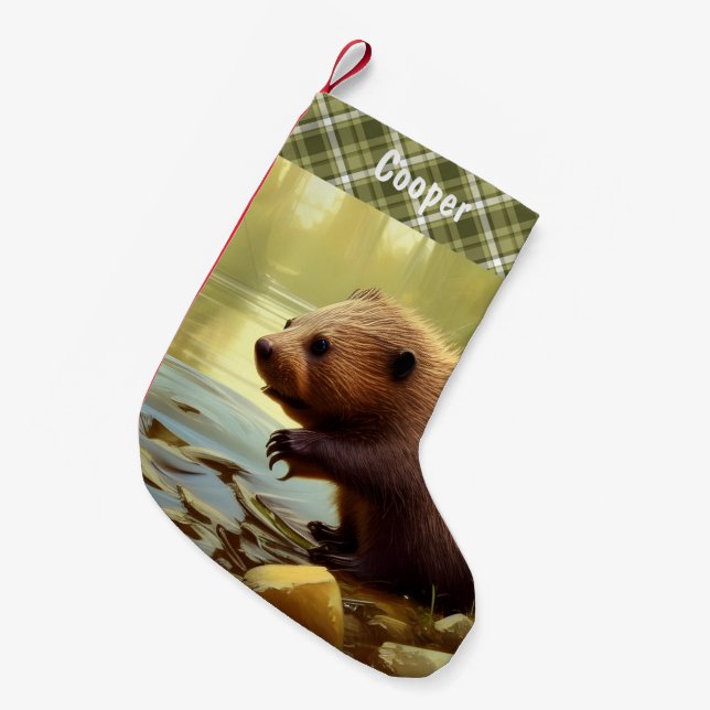 Baby Beaver Wildlife Portrait Personalized  Small Christmas Stocking (Front (Hanging))