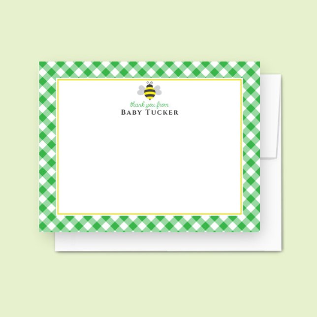 Baby Bee Preppy Gingham Baby Shower Thank You Note Card (Creator Uploaded)