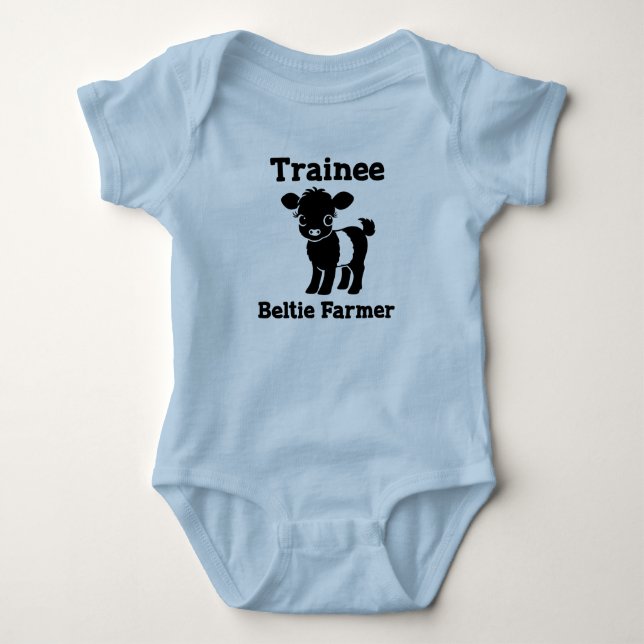 Baby Beltie Farmer Belted Galloway Cow New to Herd Baby Bodysuit (Front)
