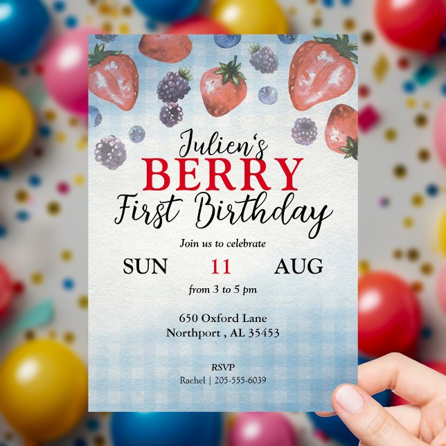 Baby Berry First Birthday Party Invitation (Baby's BERRY First Birthday invitation | Fruit, Summer, Berries, Buffalo Check, Picnic)