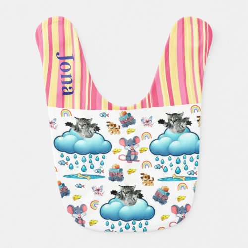 Baby Bib Cat Dog Mouse Stripe Pink Yellow Cheese