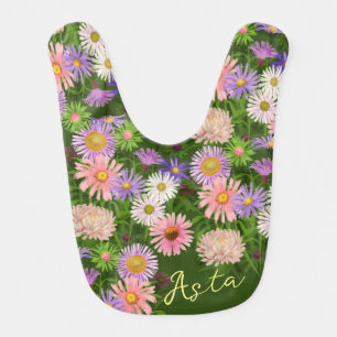 Baby bib cute Pink flowers girly Asters on green