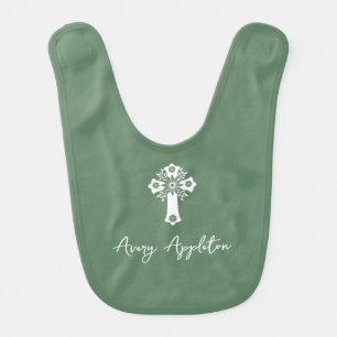 Baby Bib Floral Cross Christening Fern Green