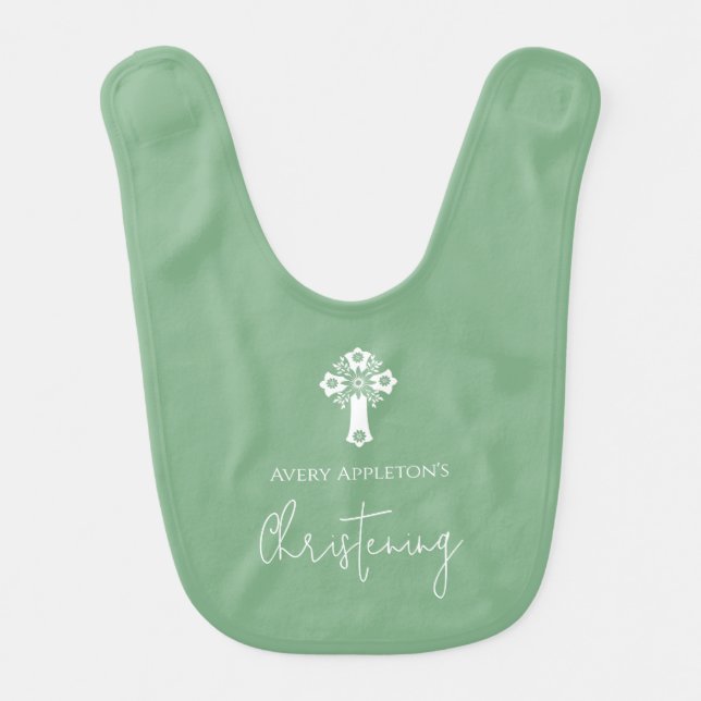 Baby Bib Floral Cross Christening Sage Green (Front)