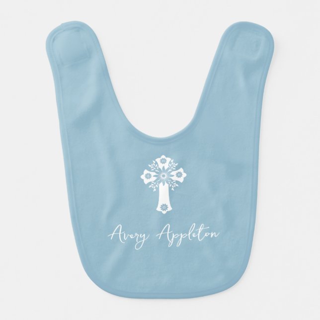 Baby Bib Floral Cross Christening Sky Blue (Front)