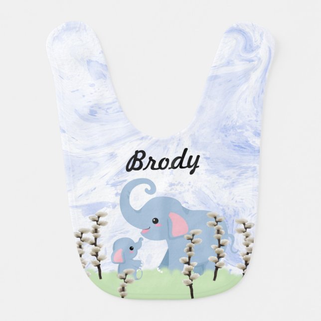Baby Bib for Boy with Elephants in Blue (Front)