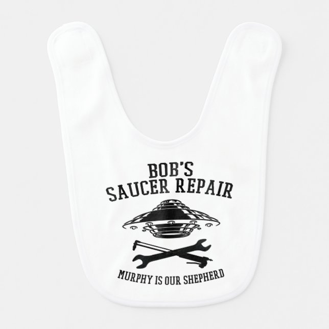baby bib with black Bob's Saucer Repair logo (Front)