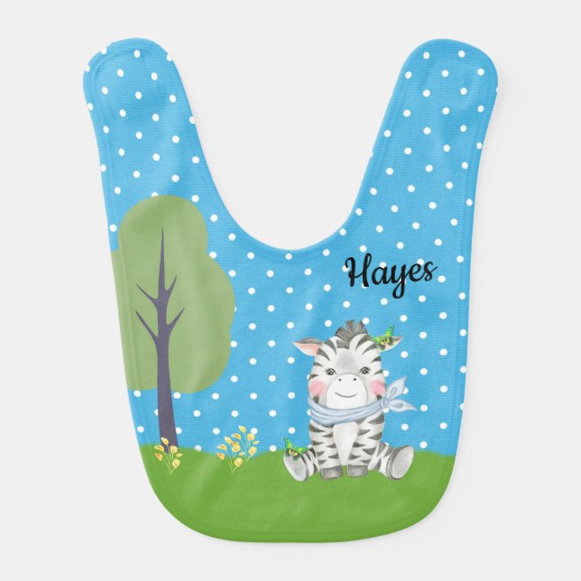 Baby Bib with Cute Zebra on Blue Polka Dots (Front)