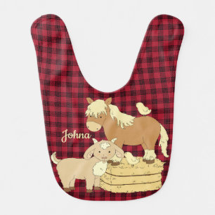 Baby Bib with Farm Animals & Red Plaid