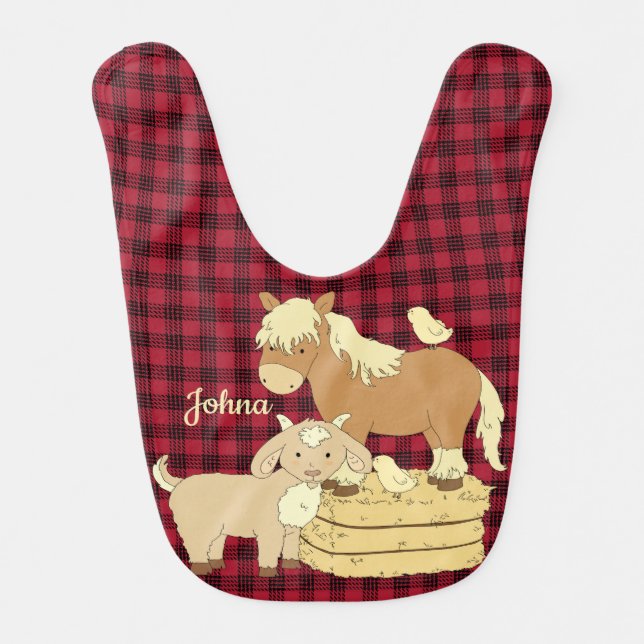 Baby Bib with Farm Animals & Red Plaid (Front)