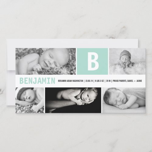 Baby Big Initial 5 Multi Photo Mint Green Birth Announcement