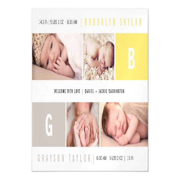 Baby Big Initial Photo Twins Birth Announcements