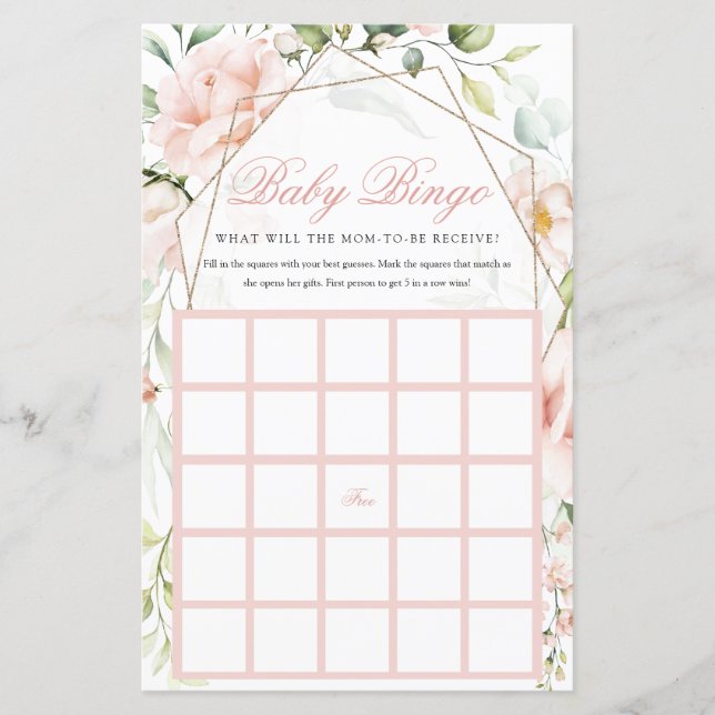 Baby Bingo Blush Floral Girl Baby Shower Games (Front)