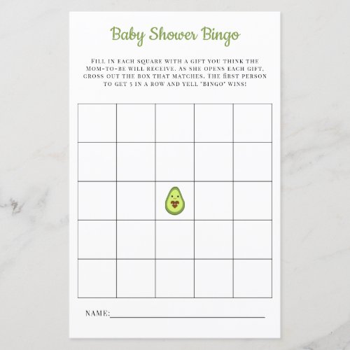 Baby Bingo Card Kawaii Avocado Baby Shower Game