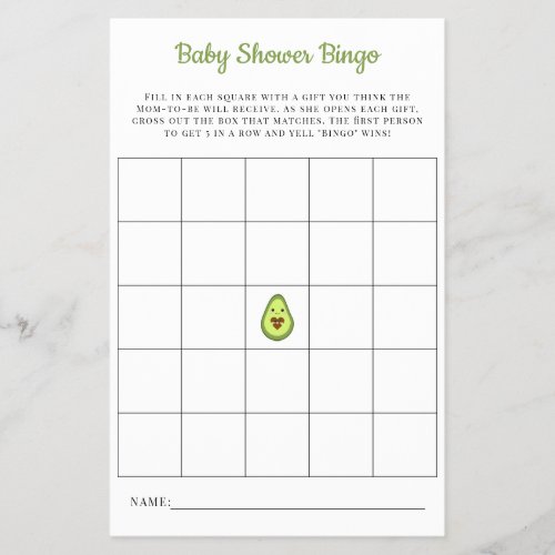 Baby Bingo Card Kawaii Avocado Baby Shower Game Flyer