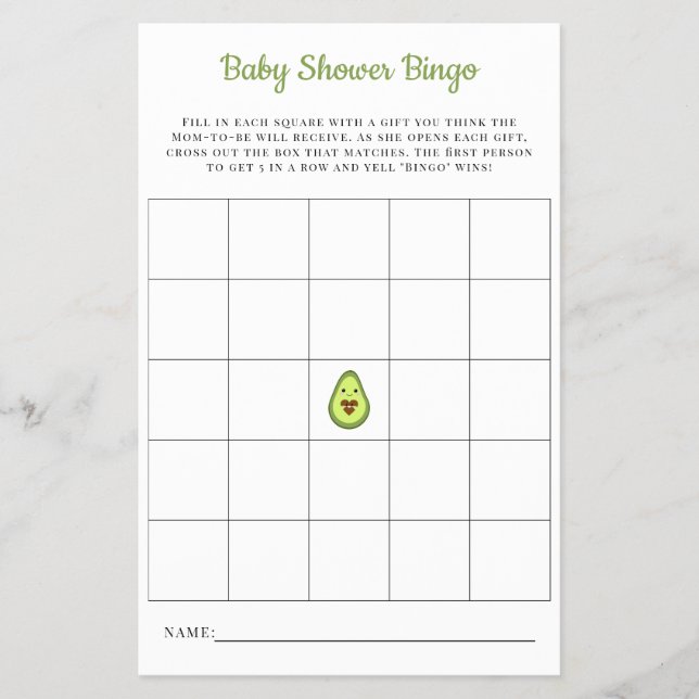 Baby Bingo Card Kawaii Avocado Baby Shower Game Flyer (Front)