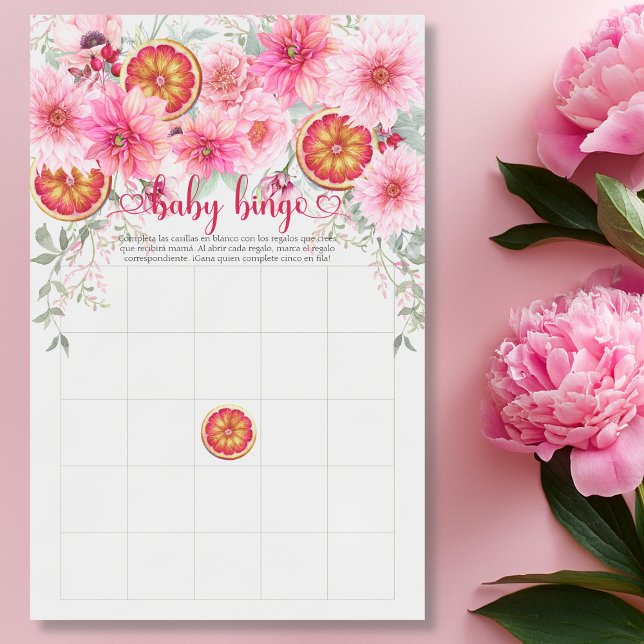 Baby Bingo Citrus Pink Spanish Baby Shower Game (Spanish Baby bingo citrus and pink watercolor flowers baby shower game)