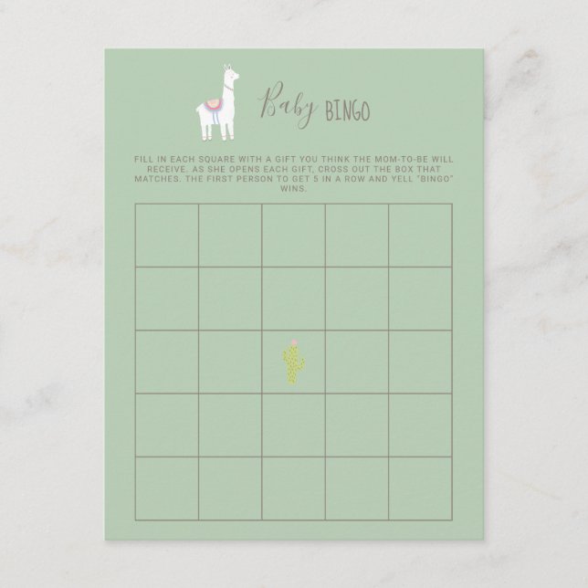 Baby Bingo Llama Baby Shower Boy Green Game Enclosure Card (Front)