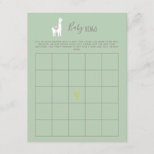 Baby Bingo Llama Baby Shower Boy Green Game Enclosure Card