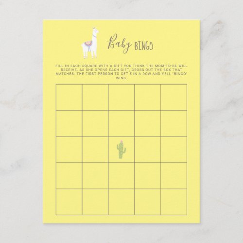 Baby Bingo Llama Baby Shower Gender Neutral Game Enclosure Card