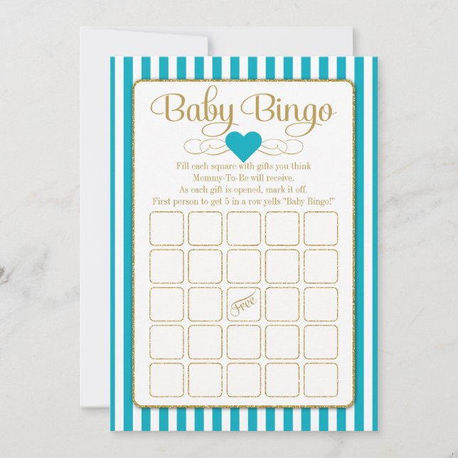 Baby Bingo Turquoise Gold Baby Shower Game Cards (Front)