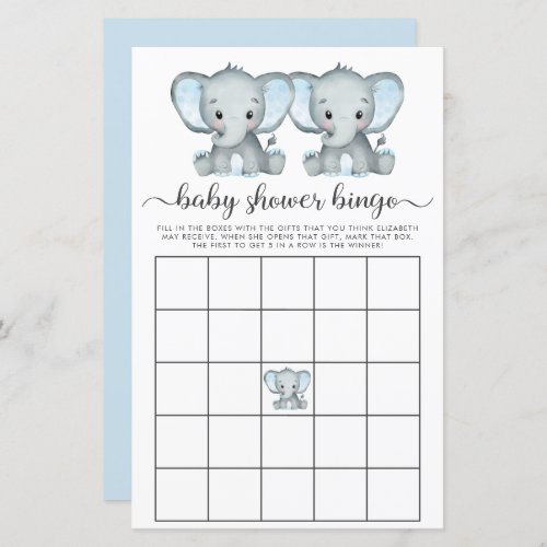 Baby Bingo Twin Boys Elephant Shower Game