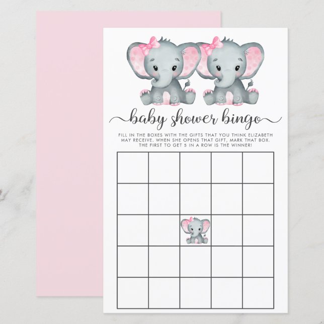 Baby Bingo Twin Girls Elephant Shower Game (Front/Back)