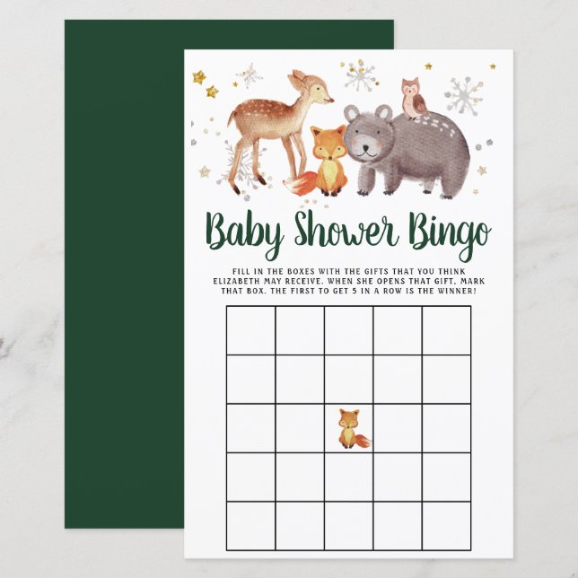 Baby Bingo Winter Woodland Animals Shower Game (Front/Back)