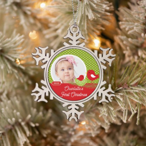 Baby Bird Babys First Christmas Photo  Snowflake Pewter Christmas Ornament