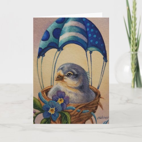 Baby Bird Fledgling Blue Parachute Watercolor Art Card