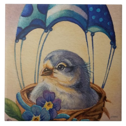 Baby Bird Fledgling Blue Parachute Watercolor Art Ceramic Tile