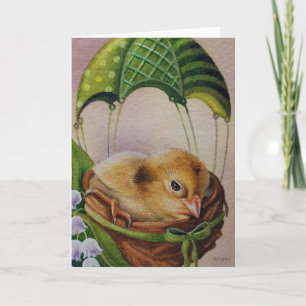 Baby Bird Fledgling Green Parachute Watercolor Art Card