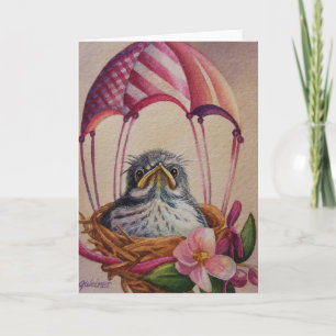 Baby Bird Fledgling Pink Parachute Watercolor Art Card