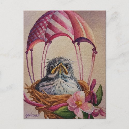 Baby Bird Fledgling Pink Parachute Watercolor Art Postcard