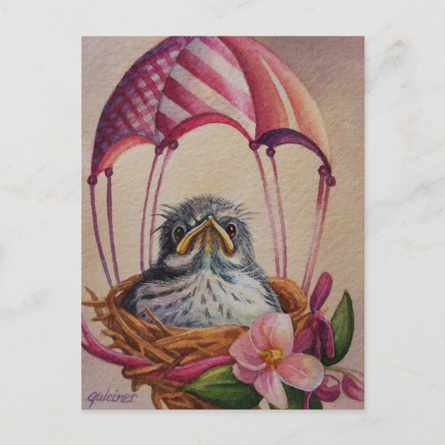 Baby Bird Fledgling Pink Parachute Watercolor Art Postcard (Front)