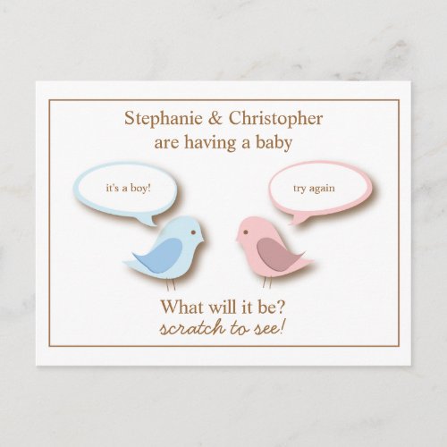 Baby Bird Gender Reveal Pretend Scratcher Game Pos Announcement Postcard