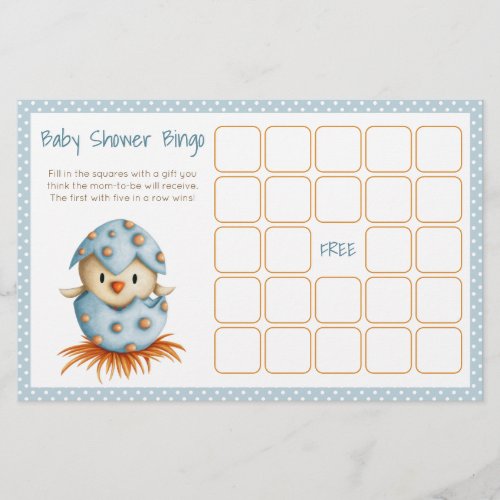 Baby Bird Hatching Blue Baby Shower Bingo Card