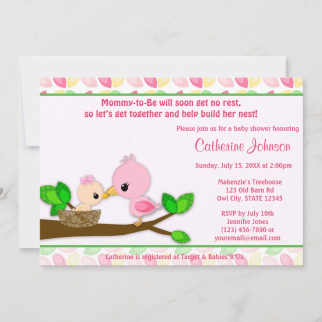 Baby Bird Nest Baby Shower Invitations GIRL Mommy (Front)